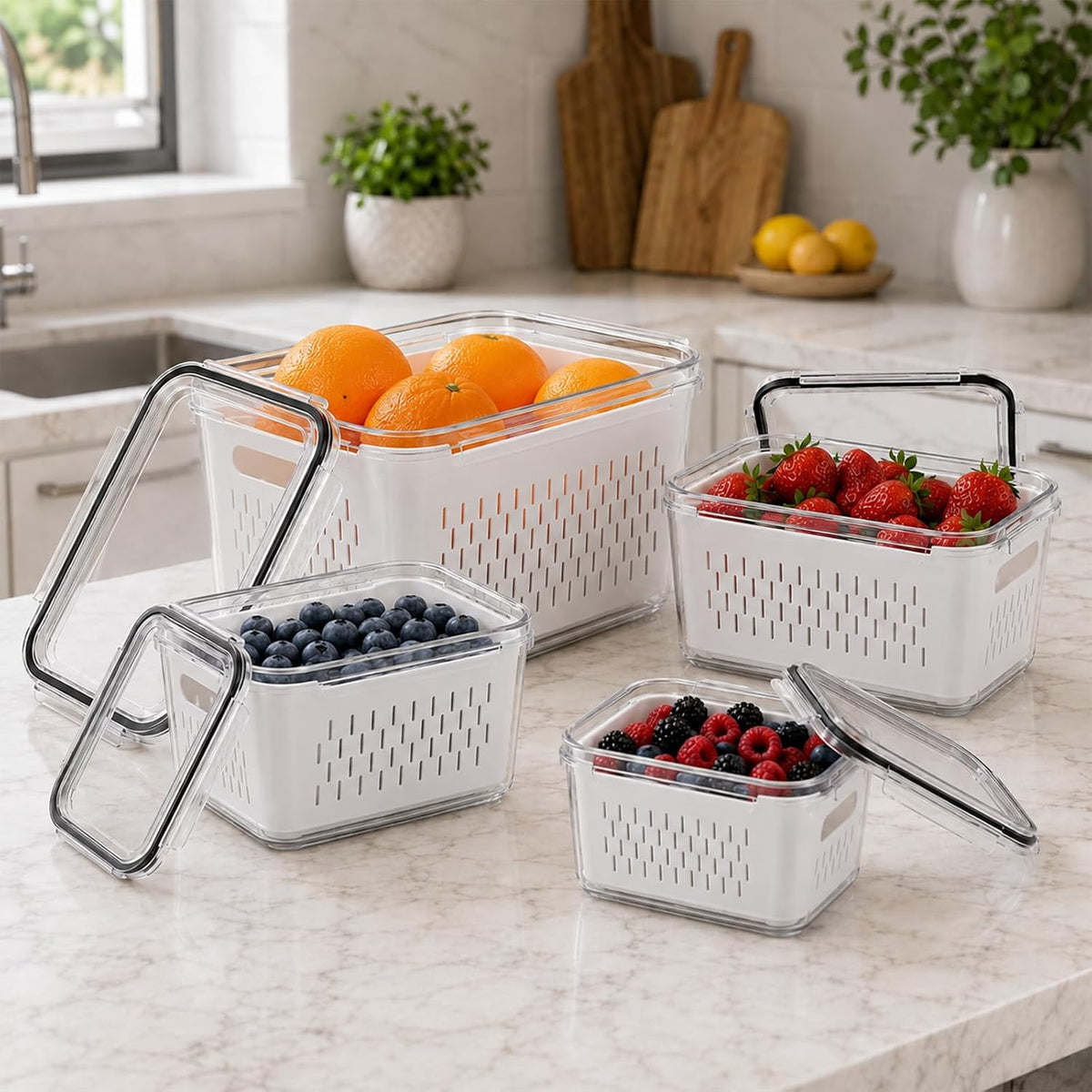UFORU 4 Pack Fruit Storage Containers, Airtight Produce Saver for Fridge