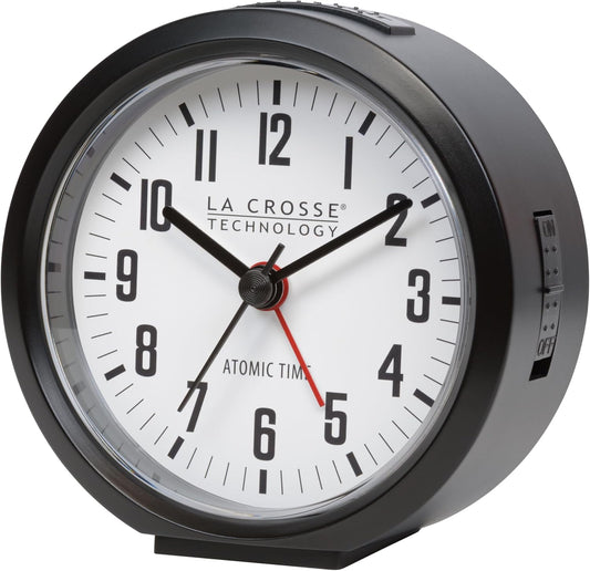 La Crosse Technology 617-710B-INT 4-Inch Round Black Atomic Analog Alarm Clock