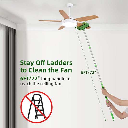 Ceiling Fan Cleaner Duster with 6 Ft/72'' Extension Pole High Ceiling Fan Blade Cleaning Tool Microfiber Duster Reusable Pads for Cleaning Ceiling Fan, Baseboard, Blind, Cobweb, Molding