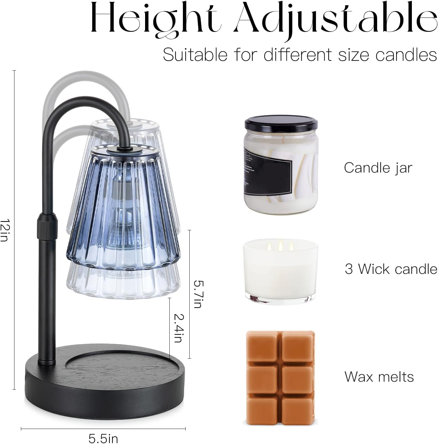 Candeldo Candle Warmer Lamp with Timer, Navy Blue Glass Shade | Height Adjustable, Dimmable, Elegant Home Decor, Birthday and Housewarming Gift for Candle Lovers, Includes 2 Bulbs