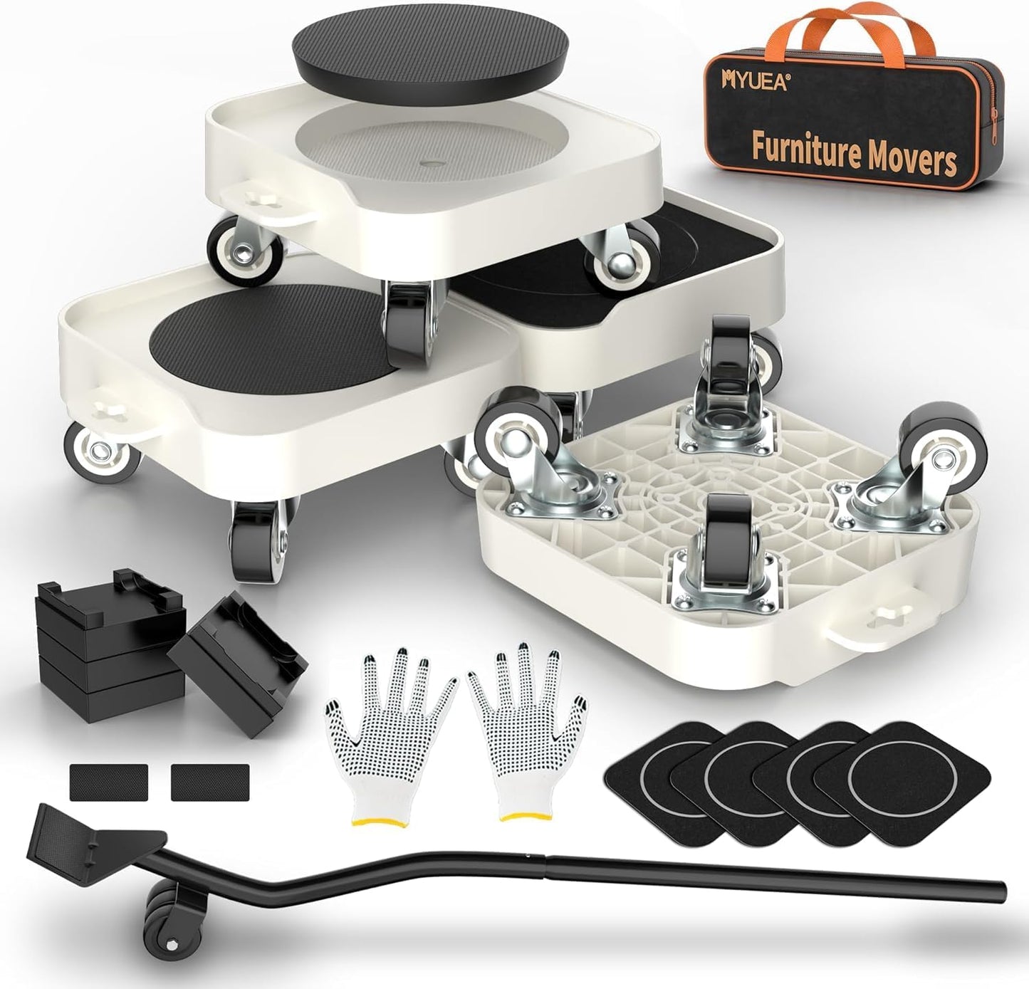 MYUEA Furniture Sliders Lift Mover Dolly Tool Set - 1200LBS Heavy Duty Furniture Movers with 4 Wheels (360° Swivel), Includes Pry Bar, Gloves, Mat, Bag & Hardwood Floor Sliders, for Round & Flat Legs