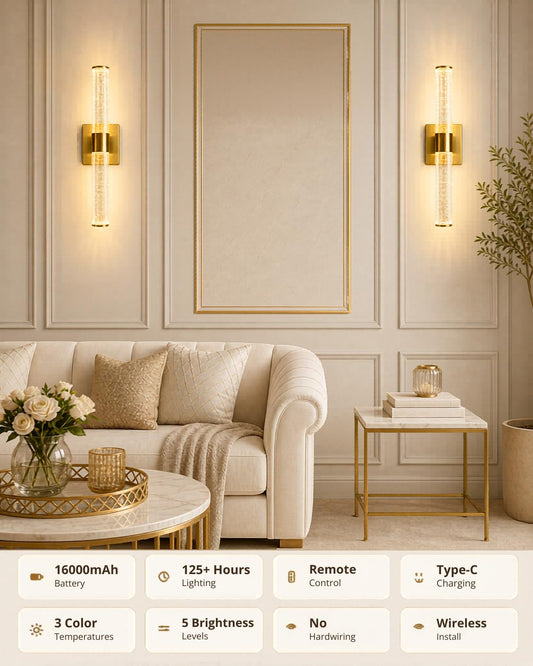Wall Sconces Set of Two,16000mAh Wireless,Rechargeable Wall Sconce | Screw-Mounted,USB-C Charging,Smart Auto, 30ft Remote abd 5 Brightness & 3 Color Temperatures ,for Living Room Decor-15 inch