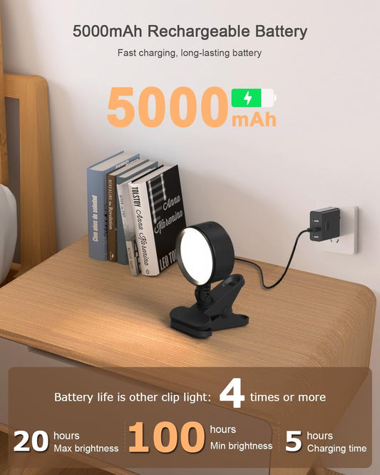 Clip on Light 5000mAh Rechargeable Battery, Clamp Reading Light for Bed | Eye Care, Clip on Lamp with 360° Rotation Touch & Remote, USB Clamp Light with 3 Color Modes & Dimmable for Headboard Bedside