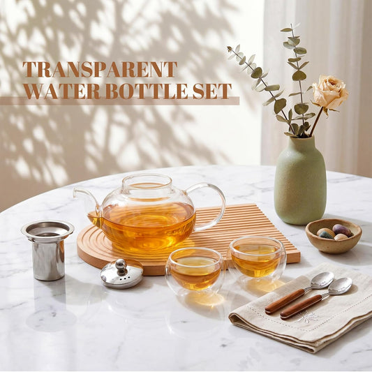 Thenshop 5 Pcs Glass Teapot Set- 33 oz/ 1000ml Glass Teapot with Infuser and 4 Pcs 3.4 oz Insulated Tea Cups, Clear Tea Kettle Stovetop Safe for Loose Leaf Maker