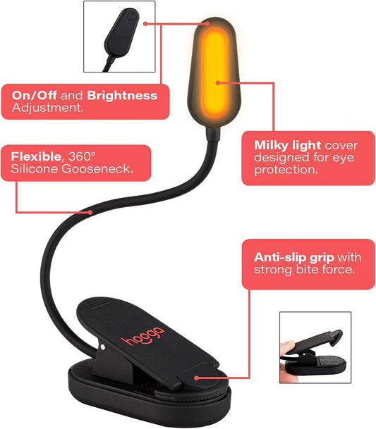 hooga Red Book Light, Rechargeable Clip On 625nm LED Light for Reading in Bed. No Blue Light Emitted, Eye Care Light for Strain-Free, Healthy Eyes. Gift for Students, Kids, Travel, Nursing, Studying.