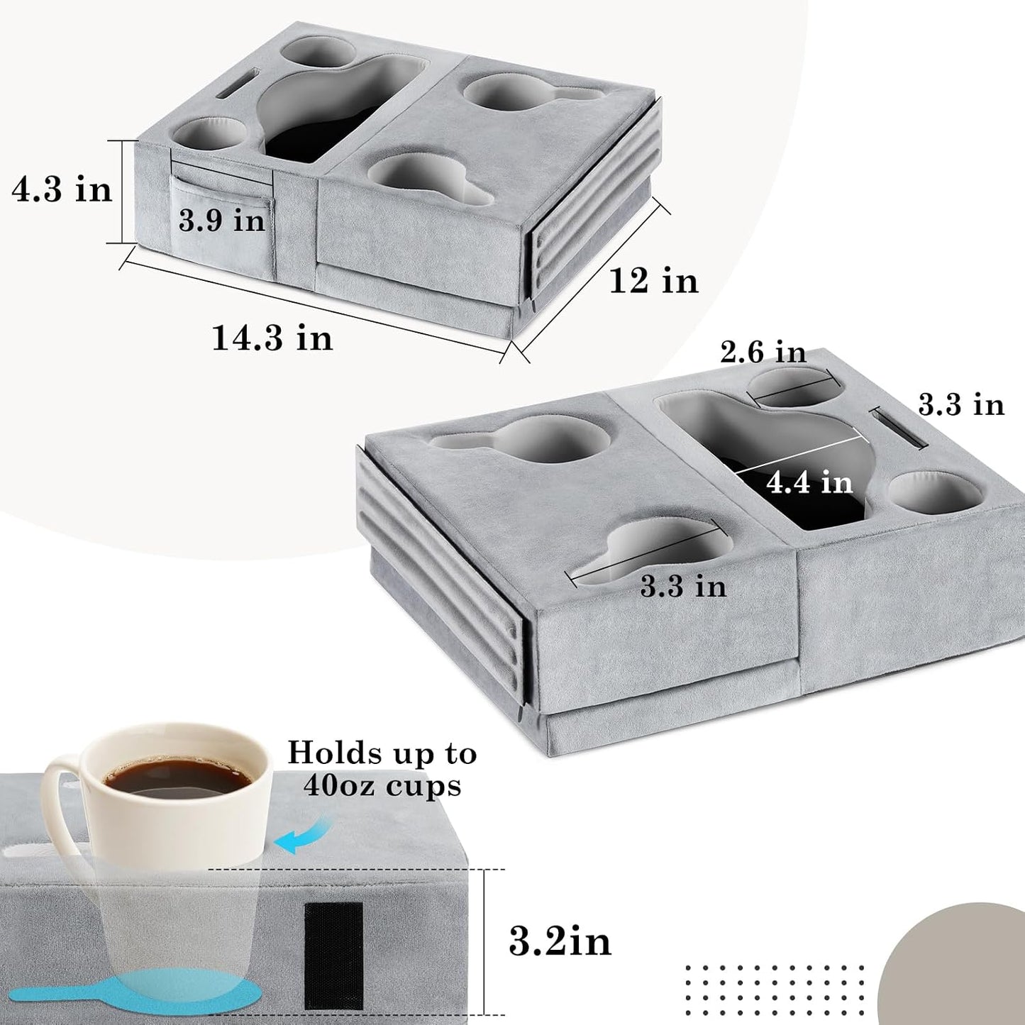 Luxspire Couch Cup Holder, Couch Caddy, 4 Holes, Gray | Couch Cup Holder Pillow Side Pocket and Handle, Couch Caddy Pillow for Phone/Drinks/Remote Control/Snacks