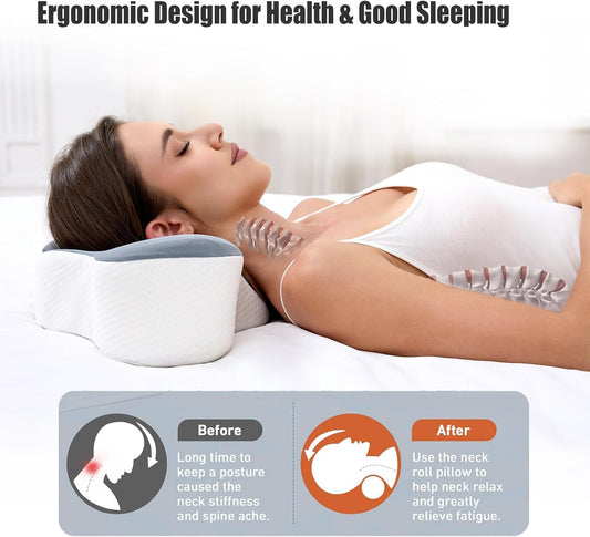 Bespilow Travel Size Cervical Neck Pillow for Sleeping,Ergonomic Support | Small Comfortable Contour Memory Foam Pillows for Neck Pain Relief, Compact Camping Pillow for RV, Road Trip, Cooling Cover