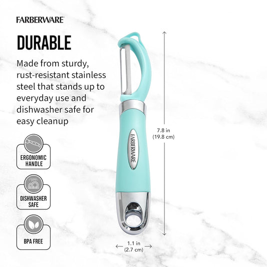 Farberware Vegetable Peeler, Pro2 Euro Peeler with Sharp Stainless Steel Swivel Blade and Ergonomic Handle, Dishwasher Safe, Aqua Sky