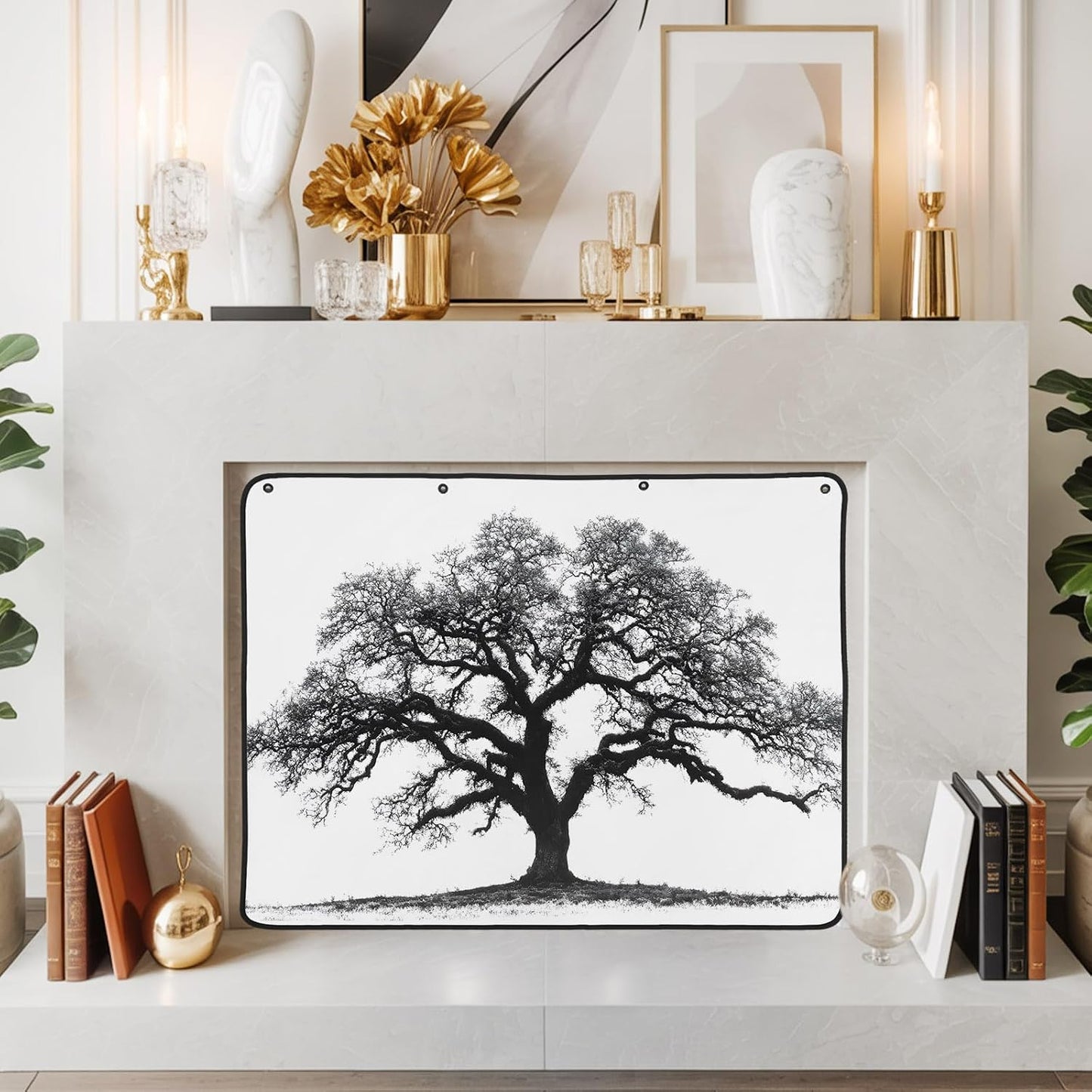 Magnetic Fireplace Cover Oak Tree Forest Fireplace Screen Decorative Black Deep Roots Branches Insulation Fireplace Blocker Blanket Save Energy Fireplace Draft Stopper Covers for Living Room 36x30