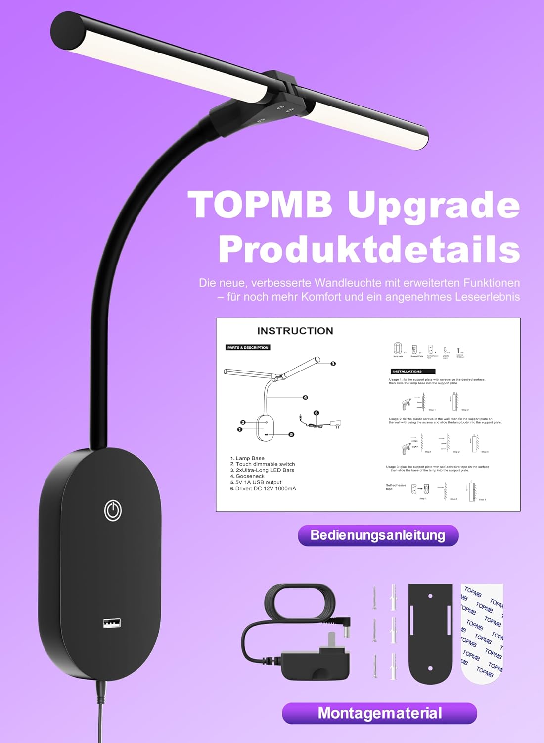 LED Wall Mounted Reading Light for Bed, 2 Heads Ultra Long Book Lights with USB Output, Wall Reading Lamps with Bright 5 Dimmable Touch Control,4 Hour Auto Off in 360°Gooseneck Headboard Bed Light