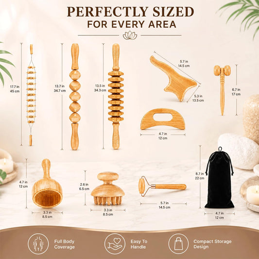 9pcs Wood Therapy Massage Tools, Lymphatic Drainage Tools, Wood Therapy Set with Carry Bag, Maderoterapia Kit, Wood Therapy Tools for Body Sculpting
