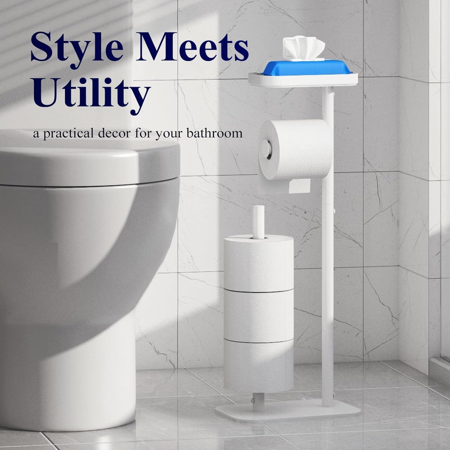 Kitsure Metal Toilet Paper Holder Free Standing, Medium, Black | Rustproof Toilet Paper Stand for 4 Rolls, Bathroom Organizers and Storage with Anti-Slip Base and Plastic Shelf