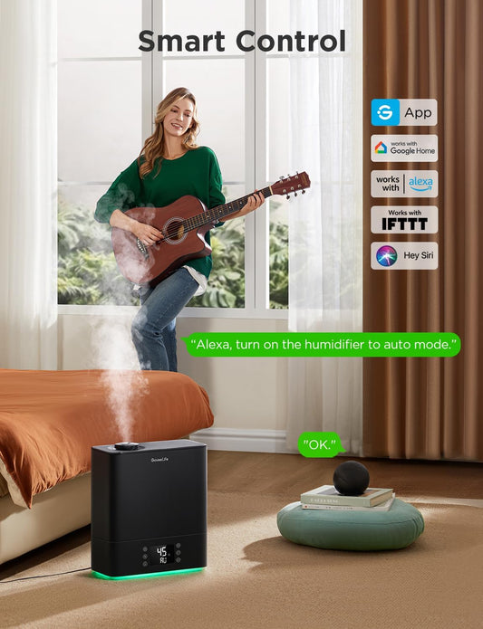 GoveeLife Smart Humidifiers for Bedroom Large Room, 6L Top Fill Humidifier | Cool Mist, Auto Mode, App & Voice Control, 60H Runtime, Rapid Humidification, Easy to Clean, RGB Nightlight for Baby Plants