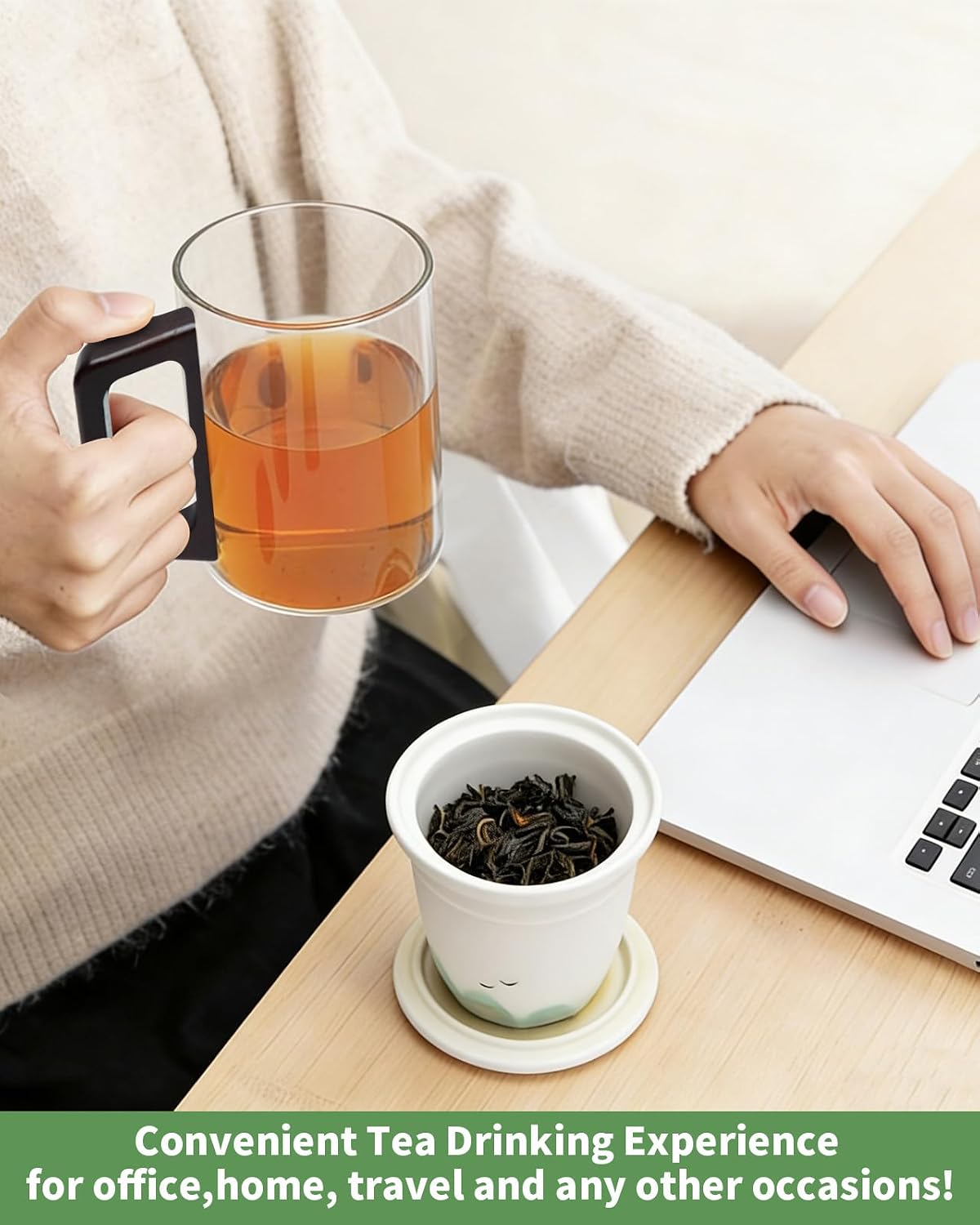 Tea Mug with Infuser and Lid for Loose Leaf Tea, Premium Glass Cup with Ergonomic Wooden Handle, Embossed Oriental Mountain Ceramic Strainer, Unique Gift for Tea Lovers Men Women Black