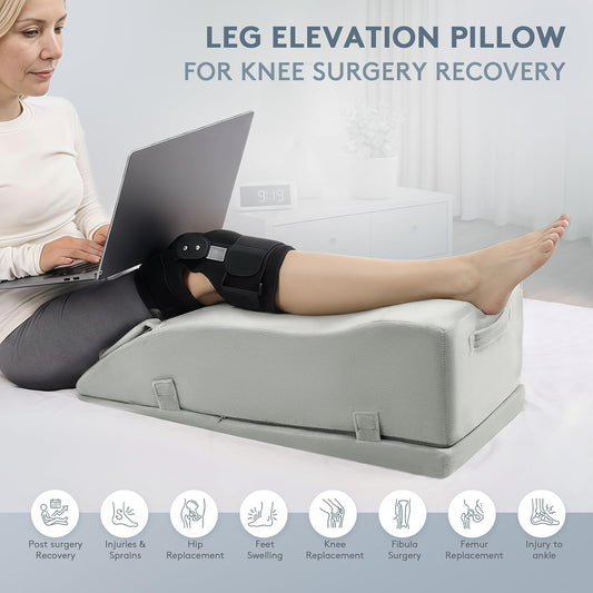 Leg Elevation Pillow for After Surgery, Adjustable Wedge Pillow for Legs Knee Swelling & Blood Circulation Relief, Knee Replacement Surgery Recovery Pillow (Velvet Grey, 27.5inx13inx10in)