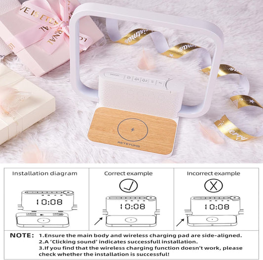 RETEYUNG Sunrise Alarm Clock Wireless Charger Sound Machine for bedrooms | 3 Levels Touch Lamp, 2 Alarms,15 Ringtones,10 Nature Sounds,30/60/90 Timer, 12 Volume for Heavy Sleepers,10Mins Snooze