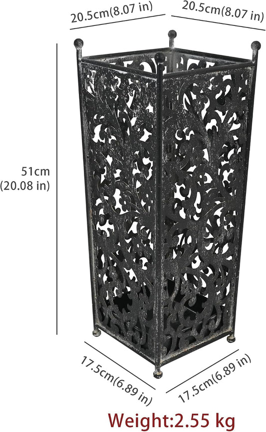 Vintage Blue Metal Umbrella Holder with Ornate Cutout Pattern Antique Decorative Umbrella Stand with Detachable Drip Tray for Entryway Storage Umbrellas Canes & Walking Sticks (Blue)