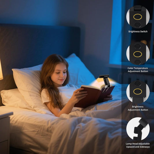 Rechargeable Book Light, Clip-On LED Reading Light, Eye-Caring | 24 LED Beads, 3 Color Temperatures, 5 Brightness Levels, 80H Runtime, 1000mAh Battery, Eye-Caring Clip-On Design