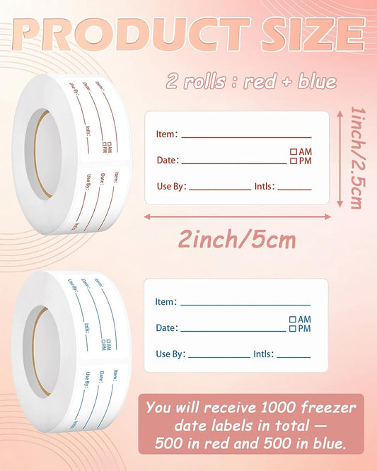 2 Rolls Removable Freezer Food Labels, 1x2 Meal Prep Date Stickers | 1000 writable 1x2" labels (blue/red). Strong freezer-safe adhesive removes cleanly with zero residue. Ideal for meal prep