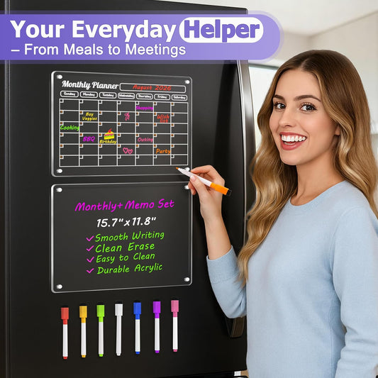Magnetic Fridge Calendar 3 Pack Clear Acrylic Dry Erase Whiteboard for Refrigerator Monthly Weekly Daily Planner with 8 Color Markers for Chore Chart Events Shopping Lists Meal Planner Kitchen