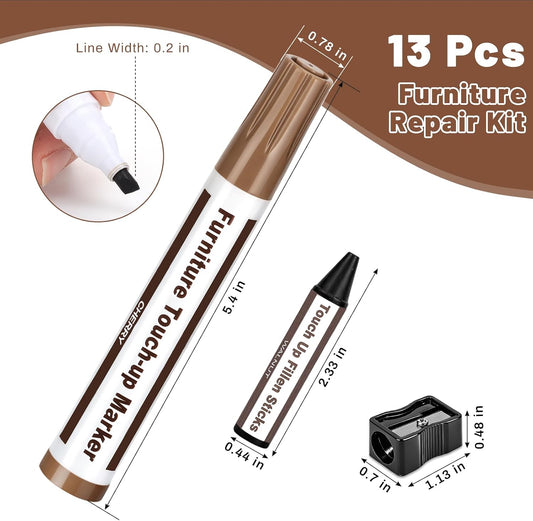 Thboxes Wood Furniture Repair Kit, 13 Pcs Markers and Wax Sticks | 6 Wood-Tone Colors, Fills Scratches, Scuffs and Nail Holes, for Floors, Tables, Cabinets and Desks