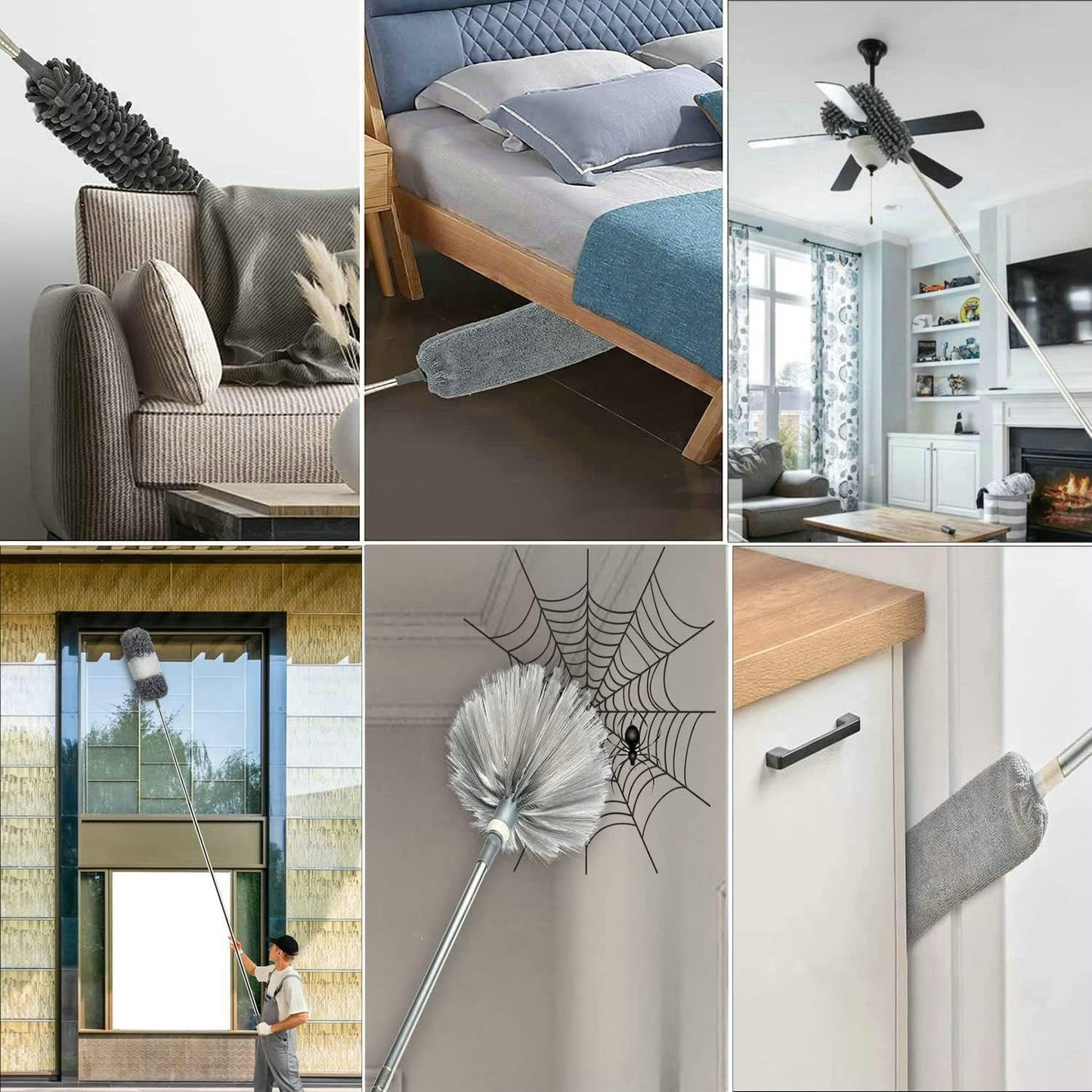 Retractable Gap Dust Cleaner Under Appliance Microfiber Duster Dust Brush with Extension Pole (36 to 49 inches) Cleaning Duster for Bed High Ceilings Furniture Bottom Household Gap Duster Gray