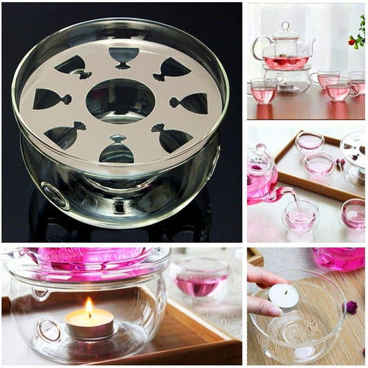 Teapot Warmer with Stainless Steel Plate Handcrafted Clear High Borosilicate Glass Round Diameter 5inch for 600-1800ml Teapot