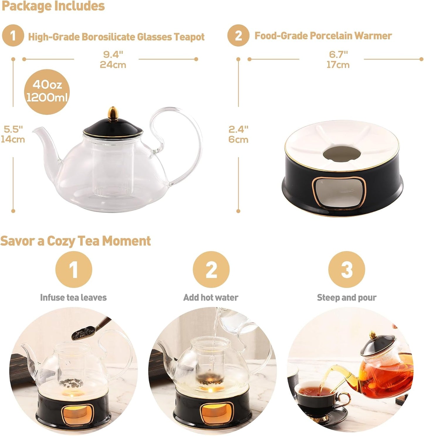 DUJUST Blooming Tea Pot Set, Luxury British Design with Relief Decor & Gold Trims, Hand-Crafted Clear Teapot with Warmer, 40oz Glass Teapot with Infuser, Stove-Safe Tea Party Gift & Home - Black