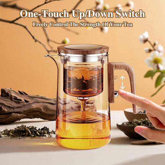 Enchanti Tea Pot, One Touch Glass Teapot with Infuser, Tea Maker for Loose Leaf Tea, Tea Gifts Set -27oz/800ml