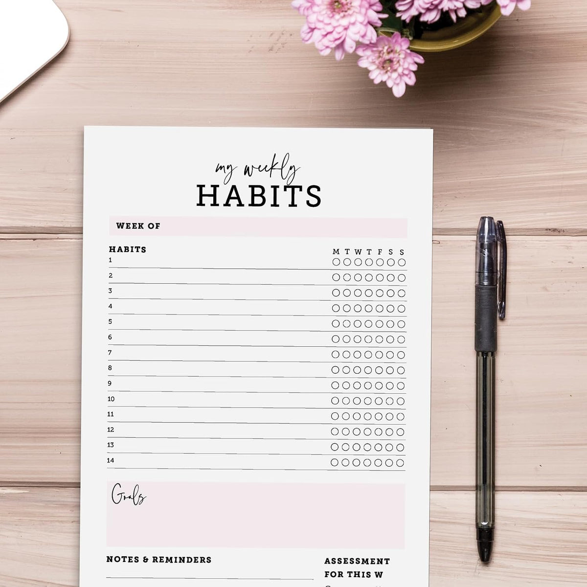 CARDAMONOLY Habit Tracker Notepad in Black and Light Pink- 50 Page Tear Off Planning Pad - 6 x 9 - High Performance Planner - Chore Chart for Adults - Weekly Planner Undated - Self Care Planner
