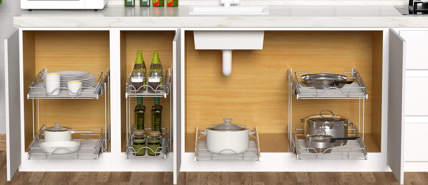 OCG Pull Out Cabinet Organizer (15" W x 21" D), Pull out Drawers, Cabinet Pull Out Shelves for Base Cabinet Organization in Kitchen Bathroom Pantry, Bottom Mount, Chrome Finish