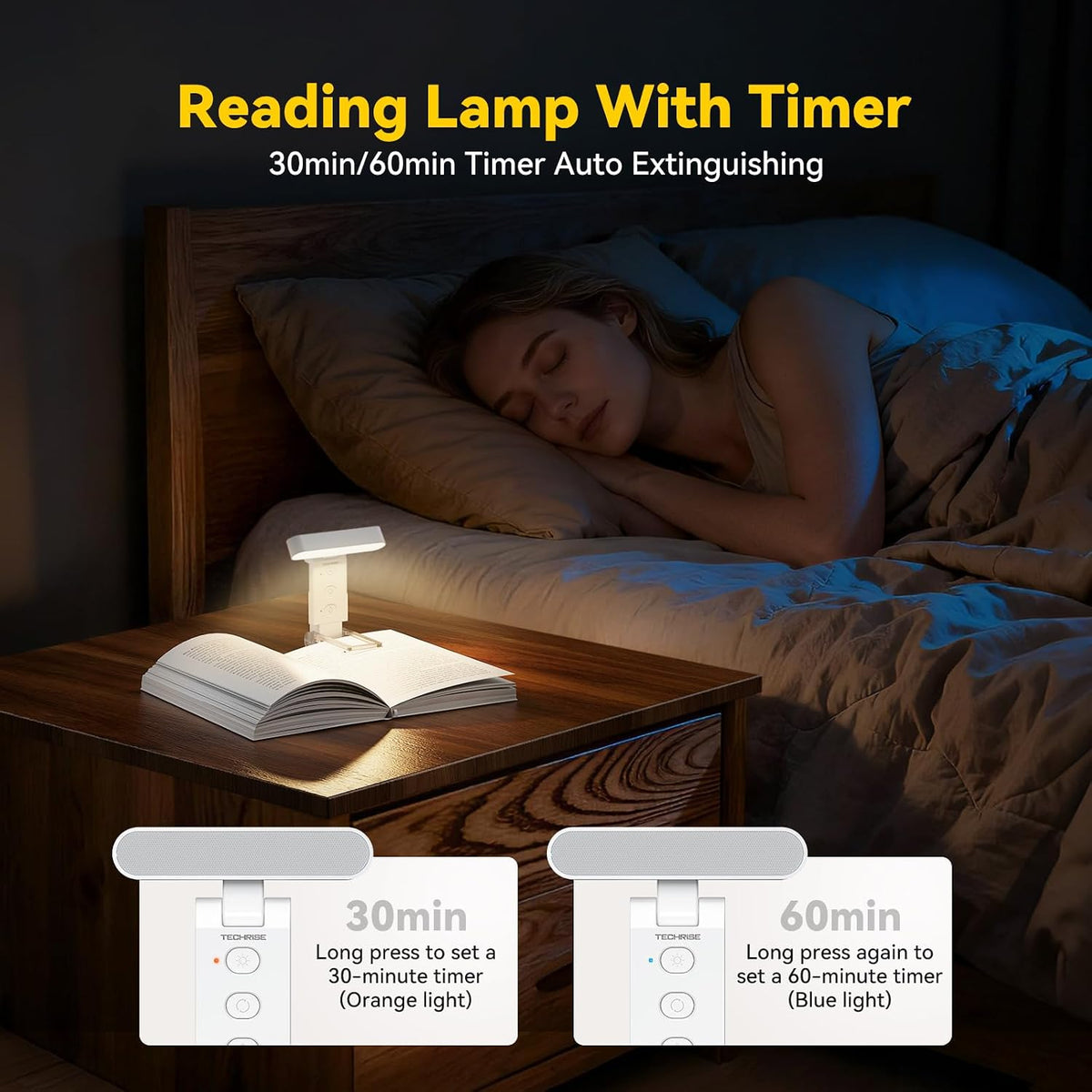 TechRise Book Light, Clip-on Reading Light for Books in Bed, Rechargeable Reading lamp, Eye-Caring with Timer, 5 Color Temps & 6 Brightness, 80+ Hrs, Perfect for Kids, Book Lovers, Black