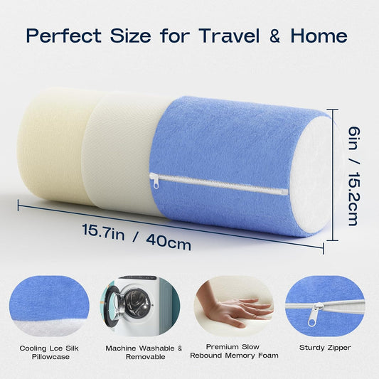 Neck Roll Pillow for Neck Pain Relief - Memory Foam Neck Support Pillow for Bed, Cylinder Pillows, Round Neck Pillow for Sleeping, 15.7 * 5 * 5 inch (Cool-Blue)