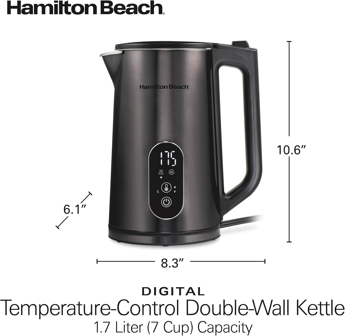 Hamilton Beach Digital 1.7L Electric Tea Kettle, Water Boiler & Heater | Fast Boiling 1500 Watts |Temp Control + 5 Presets | BPA Free | Cordless Serving | Auto-Shutoff & Boil-Dry Protection | Black