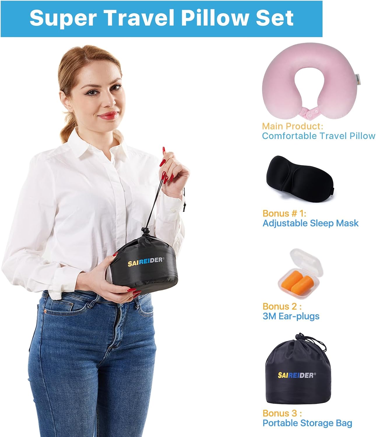 SAIREIDER Travel Pillow 100% Pure Memory Foam Travel Neck Pillow, Airplane Pillow for Traveling、Car、Home、Office,Washable Cover(Black)