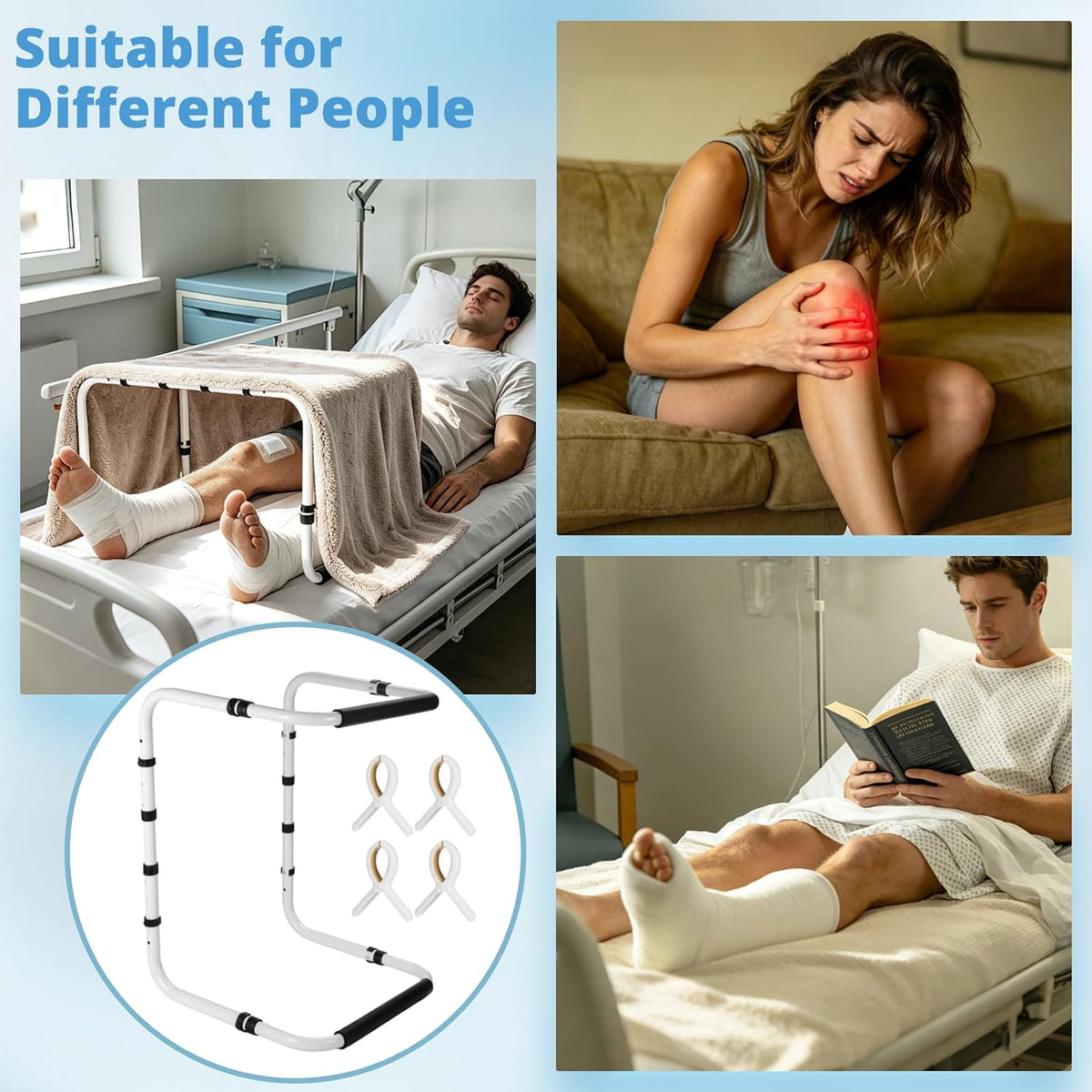 Blanket Lifter for Feet, Adjustable Bed Cradle Blanket Support Frame for Foot, Leg, Knee, Toe and Ankle Pressure Relief, Carbon Steel Bed Lift Aid for Post Surgery, Injury Recovery&Home Care, 4 Clips