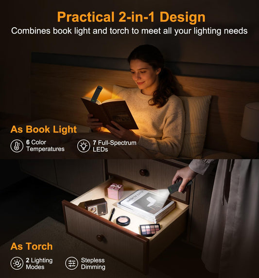 Gritin 2026 Gen 2 Rechargeable Book Light,2-in-1 Reading Light & Flashlight | Eye Caring 6 Color Temps,6-Level Dimmable Brightness,160 Hrs+ Runtime,Compact Size Portable Clip-on Book Lamp for Book Lovers