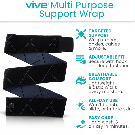 Vive Elastic Knee Wrap - Ankle, Foot, Calf & Wrist Support for Pain Relief | Compression Bandage for Legs, Edema, Weightlifting, Sports, Plantar Fasciitis (One Size)
