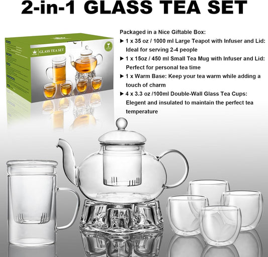 2-IN-1 Glass Tea Sets for Adults, Gifts for Tea Lovers | Includes Glass Teapot and Mug with Infuser, Warmer Base, 4 Double Wall Glass Tea Cup - for Personal and Gathering Tea Time