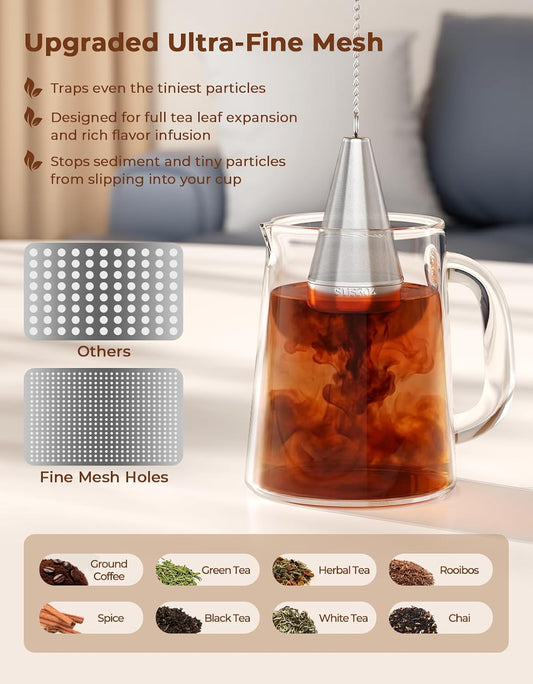 304 Stainless Steel Cone Tea Infuser for Loose Leaf Tea Steeper | 1.8” x 3” Tea Strainer Extra Fine Mesh with a Drip Tray, Tea Ball for Cup Mug Teapot Bottle Kettle