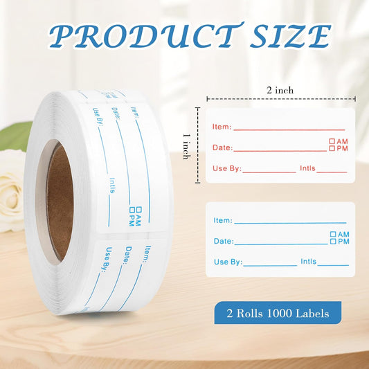 2 Rolls 1000 Pcs Food Labels Stickers, 1x2 in Removable Food Storage Labels | Waterproof and Oil-Resistant Freezer Date Stickers; No-Residue and Writable; For Refrigerator Containers Home Restaurant Use