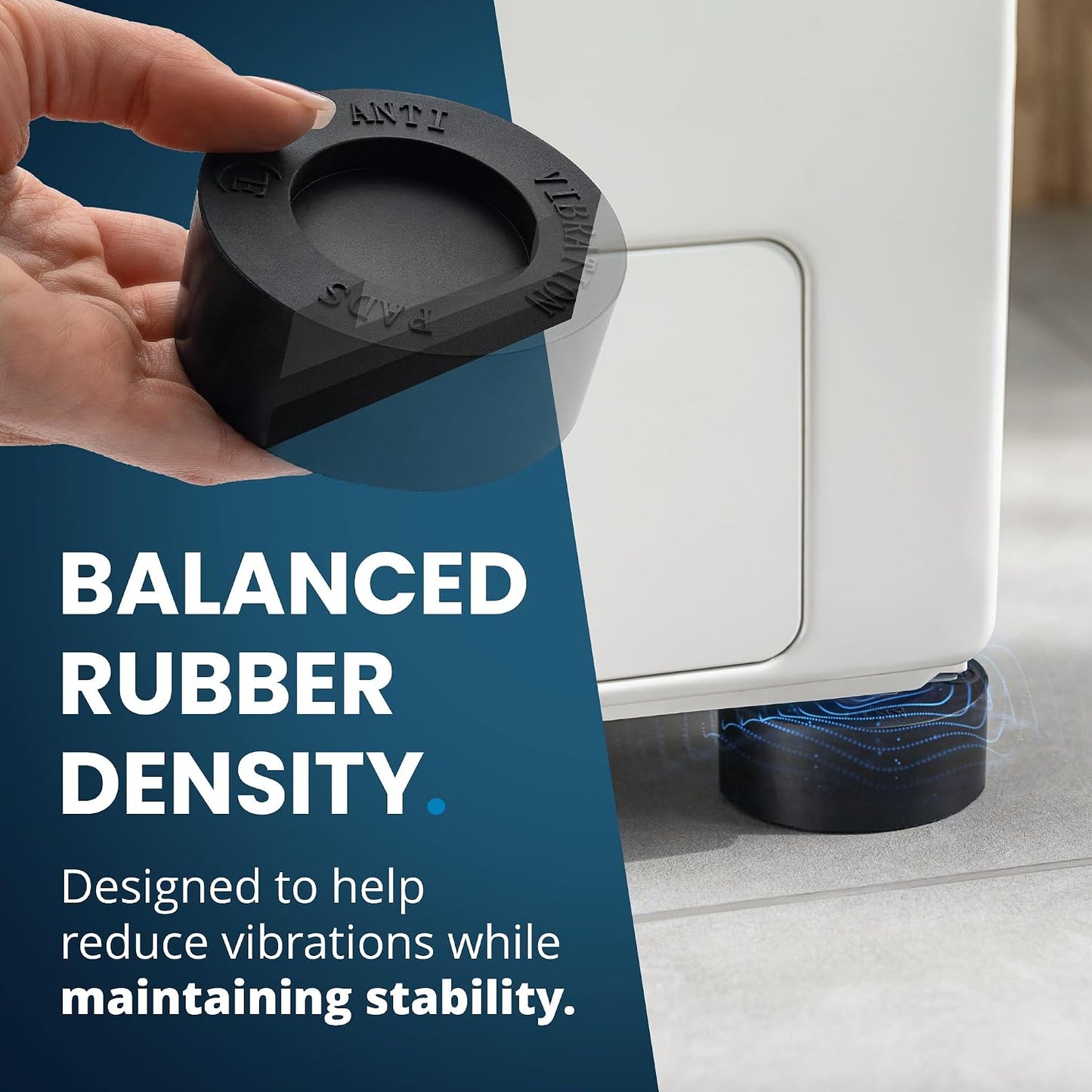 Anti Vibration Pads for Washing Machine with Tank Tread Grip - 4 Pack + Level - Fits Most Round Feet up to 1.75” - Stops Washer Dryer from Moving - Rubber Antivibration Stabilizer for Leveling Washer