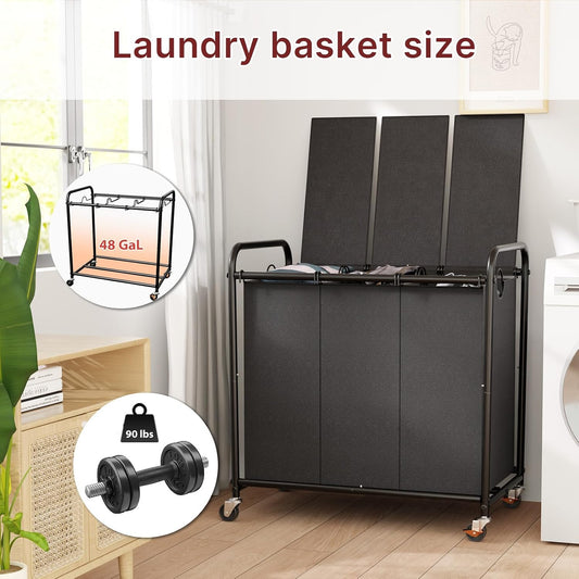 180L Laundry Sorter 3 Section with Lockable Wheels and Lid Multicolor | 3 Large Separate Removable Bags | Heavy Duty Rolling Laundry Basket | Laundry Hamper Cart for Laundry Room Organizer