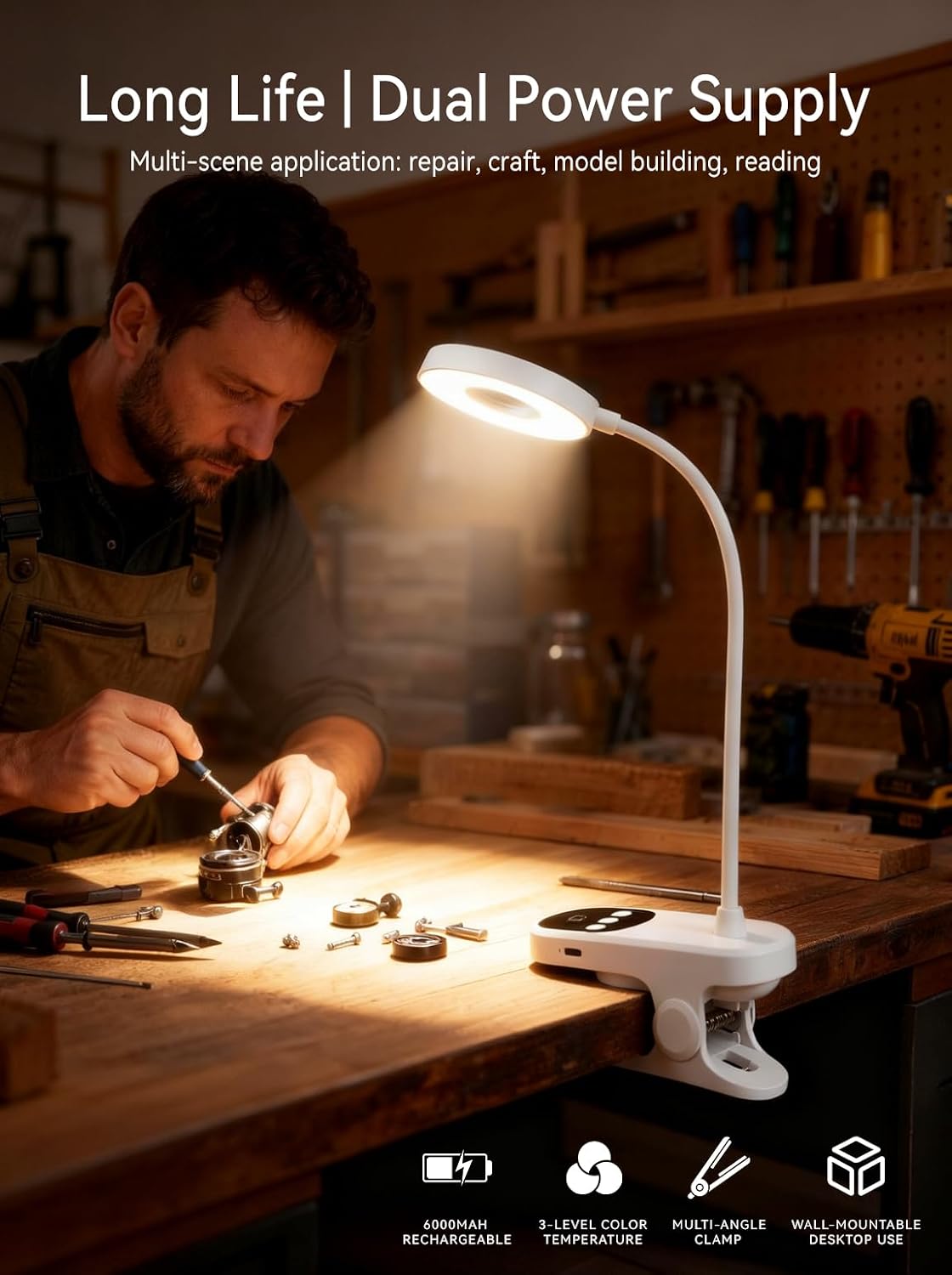 Clip On Desk Lamp Wireless 6000mAh Rechargeable LED Reading Light 3 Colors | Clip-On Light Works As Desk Lamp, Bed Headboard Light, Dorm Study Lamp And Book Light; Fits Home, Office,Camping & More