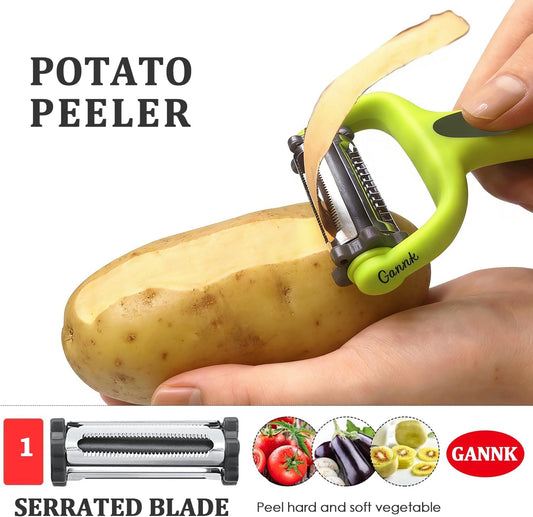 GANNK Potato Apple Vegetable Peelers for Kitchen, I and Y Peelers for Fruit Veggie Potatoes Carrot Cucumber, 3 in 1 Blade Spin Design With Julienne Multifunctional