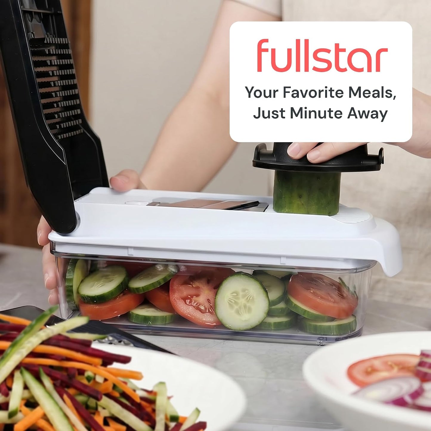 Fullstar Pro Core Vegetable Chopper & Mandoline Slicer, Meal Prep Essential | 6 in 1 Veggie Slicer, Onion & Fruit Slicer with Julienne, Grater & Dicer Stainless Steel Blades + Container (White)