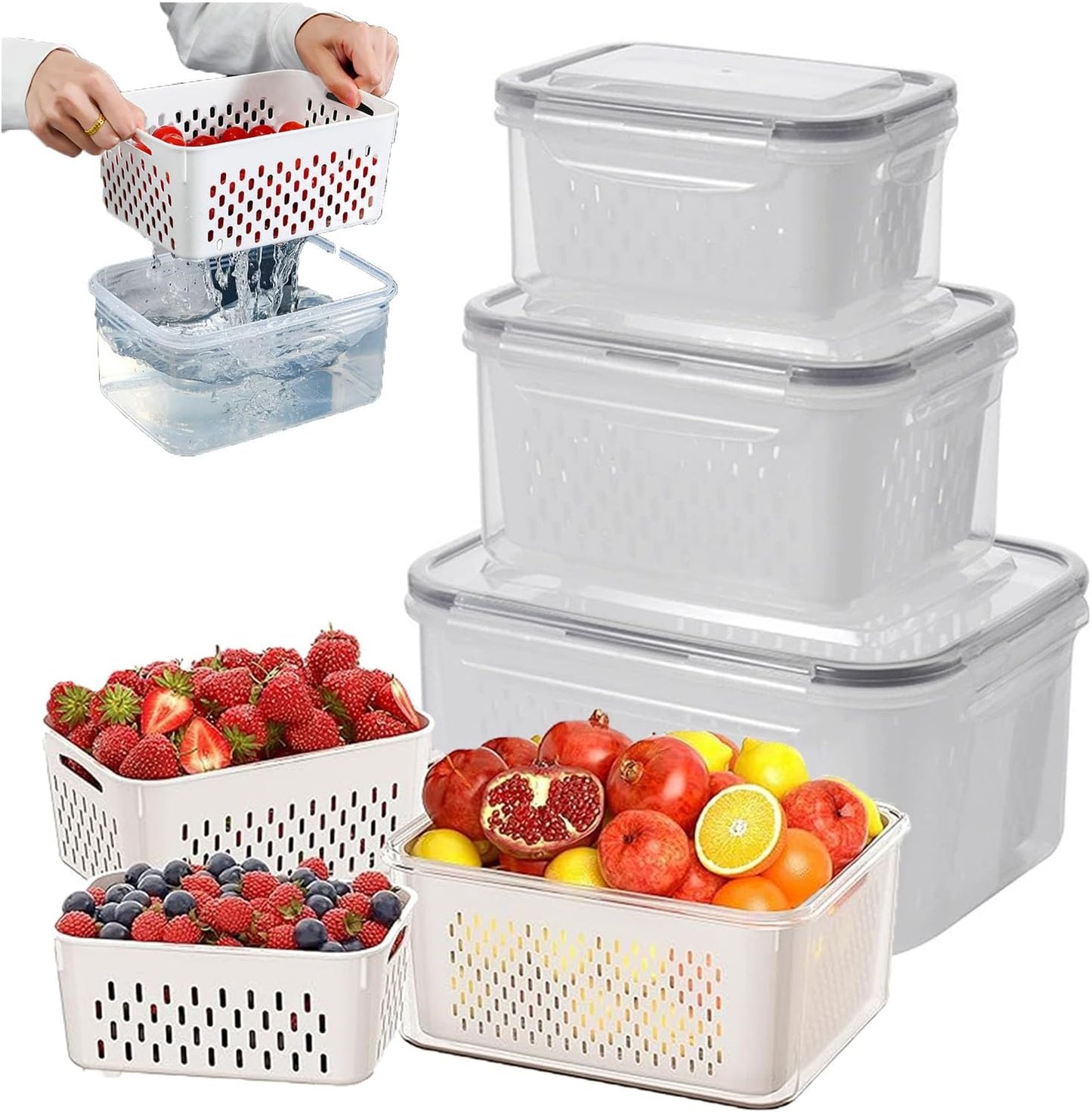 Yuonry 4 in 1 Food Storage Container, Fruit Storage Containers for Fridge, Produce Containers with Lid and Strainer, Including Drain Basket, Multipurpose Large Fruit Container for Fridge(Blue)