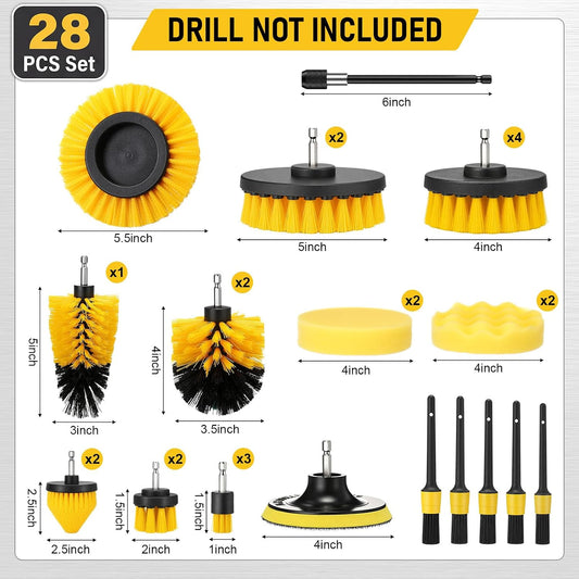 28 Pack Drill Brush Attachment Set, Power Scrub Brushes with Extend Long Attachment for Bathroom, Car Detailing, Sinks, Grout, Floor, Tub, and Kitchen Surface, Scratch Brushes (Yellow)