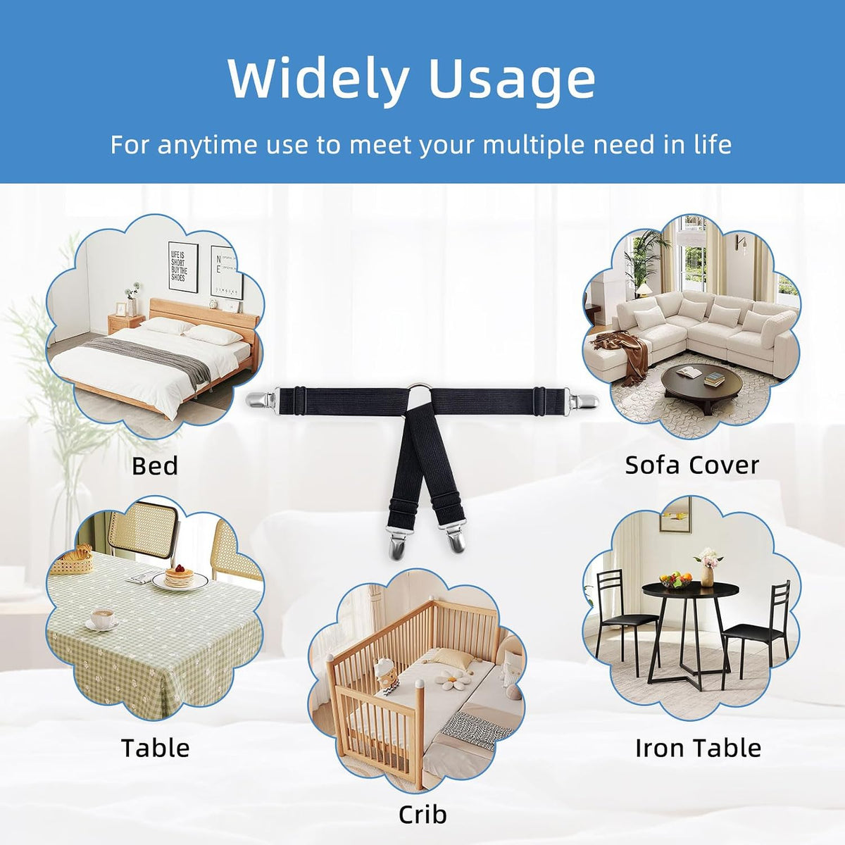 4PCS Adjustable Bed Sheet Holders, Elastic Mattress Sheet Fasteners Holder with Metal Clips for Hold Sheet, Mattress, Sofa, Couch, Table Cloth, (White)