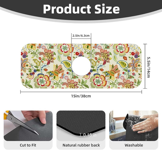 Boho Floral Mandala Yellow Faucet Splash Guard Mat for Kitchen Sink 15x5.5" | FDNUPIAN Kitchen Sink Splash Guard Faucet Faucet Guard Draining Mat Sink Splash Faucet Bathroom